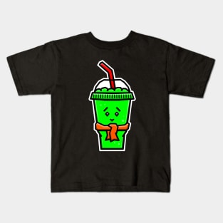 Cute Ice Slushie in Green Lime Flavour with a Yellow Scarf - Green Slushy Kids T-Shirt